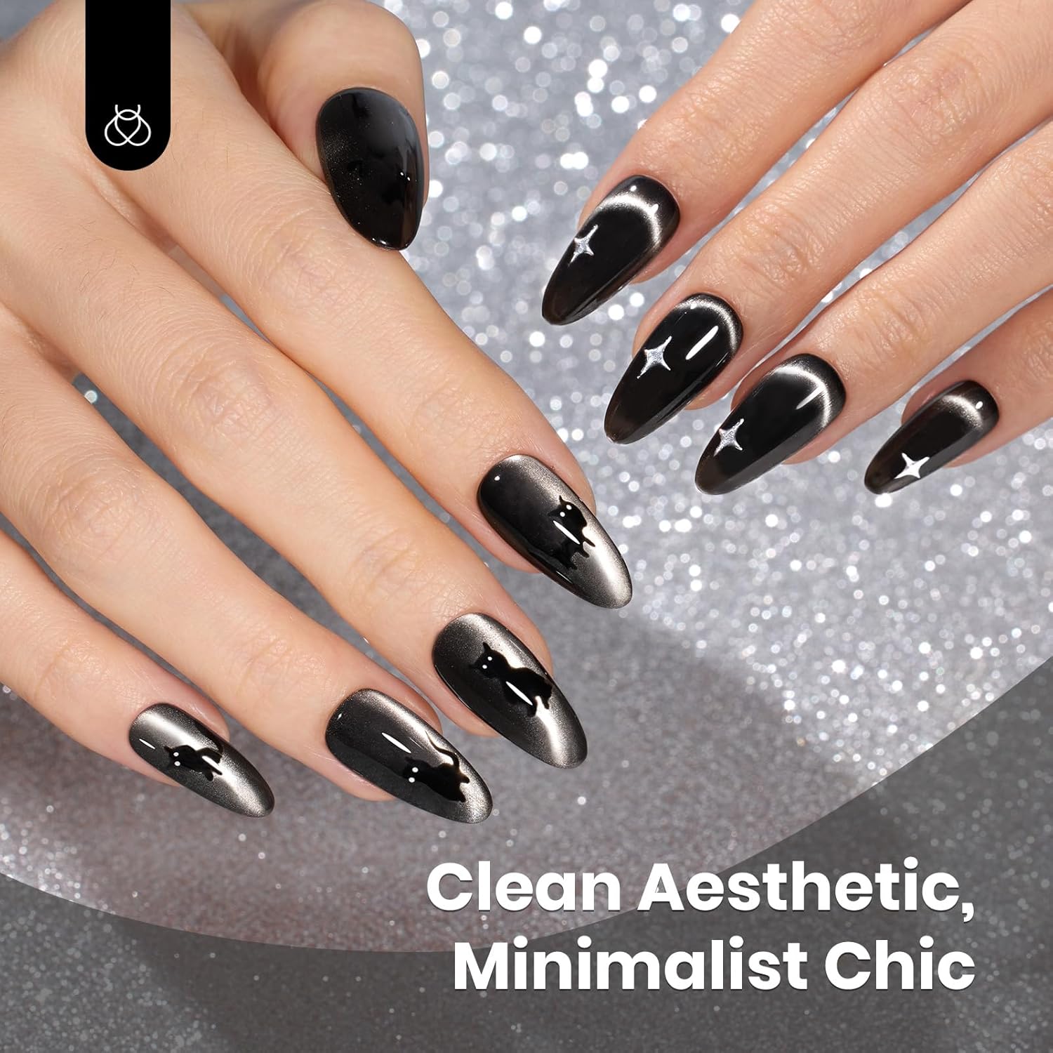 Beetles Black Cat Eye Gel Polish, 15ML Black Glass Cat Eye Glitter Gel Polish with Magnet Shimmer Translucent Sheer Color Soak Off UV Midnight Sands Series French Nail Art Dsign Gift for Women-Velvo Beauty