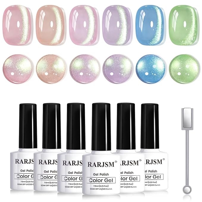 RARJSM Green Cat Eye Gel Nail Polish Set 6pcs Reflective Sparkly Diamond Glitter Nude Pink Blue Purple Clear Glass Cateye Gelpolish with Magnet Stick 7.5ml Curing Requires Soak Off for Home Salon-Velvo Beauty