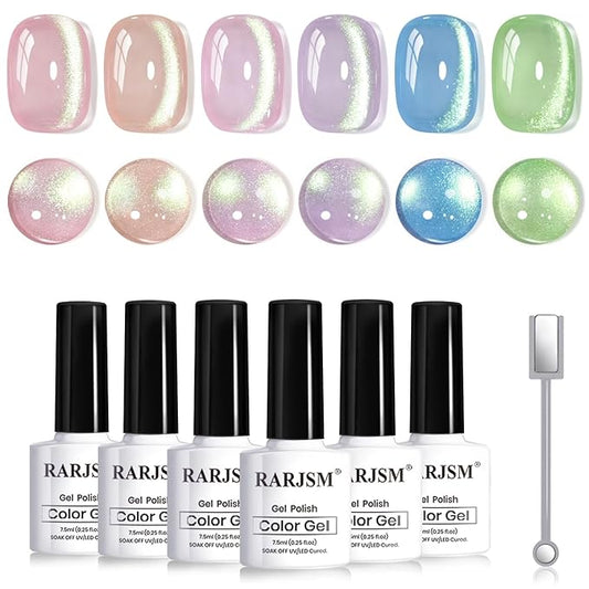 RARJSM Green Cat Eye Gel Nail Polish Set 6pcs Reflective Sparkly Diamond Glitter Nude Pink Blue Purple Clear Glass Cateye Gelpolish with Magnet Stick 7.5ml Curing Requires Soak Off for Home Salon-Velvo Beauty