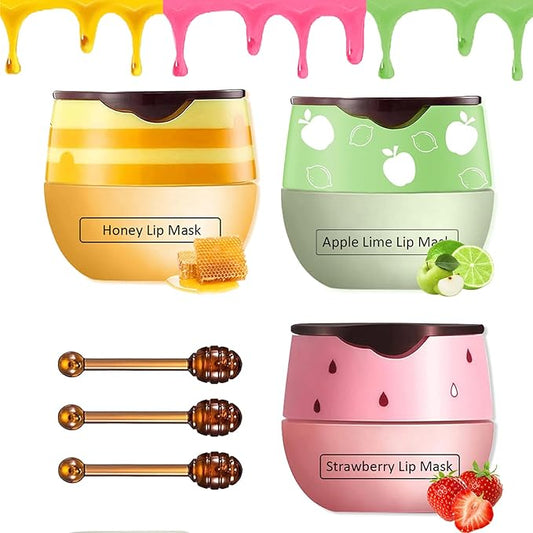 Bee Lip Balm Honey Pot,3 PCS Strawberry&Honey&Apple Lime Lip Sleeping Mask,Hydrating Prevention Dry and Cracked Lip Scrubs Exfoliator Lip Care,Moisturizing Lip Mask Overnight Reduces Lip Lines-Velvo Beauty