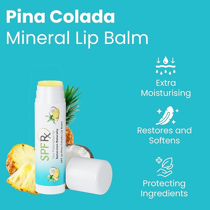 SPF Rx, SPF 30 Pina Colada Sunscreen Lip Balm Broad Spectrum Protection, Rapid Relief for Dry Chapped Lips, Superior Protection Against UVA & UVB Rays - 0.15 oz, (4 Pack)-Velvo Beauty