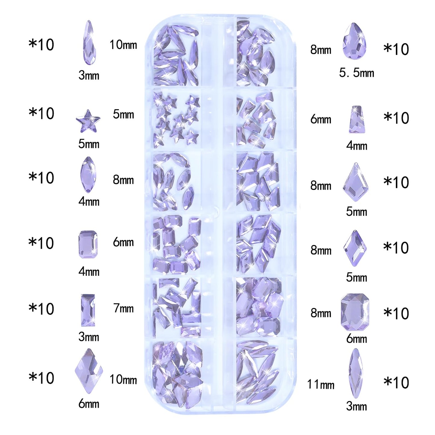 HNUIX Nail Rhinestones - 1600pcs 3D Multi Shape Size, Light Purple Nail Gems, Flat Back, with Kit, for Nail Art, DIY Decorations-Velvo Beauty