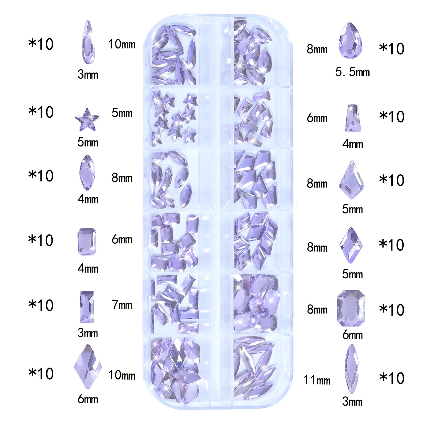 HNUIX Nail Rhinestones - 1600pcs 3D Multi Shape Size, Light Purple Nail Gems, Flat Back, with Kit, for Nail Art, DIY Decorations-Velvo Beauty