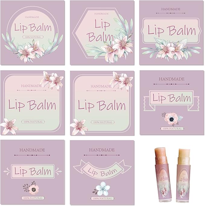 CRASPIRE Lip Balm Labels 80pcs Homemade Lip Balm Labels 2” Clear Lip Balm Labels for Tubes Printable Waterproof Lip Balm Stickers Labels for Lip Balm Handcream Candle Container（Flowers-Pink Purple）-Velvo Beauty