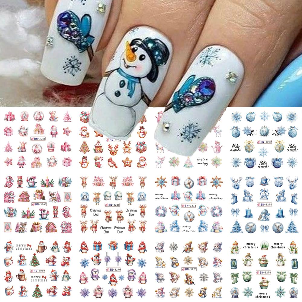 12 Sheets Christmas Nail Art Stickers Winter Snowflake Snowman Water Transfer Nail Decals Xmas Tree Santa Claus Penguin Gingerbread Man Design Acrylic Nail Foils for Women Kids DIY Holiday Nail Decor-Velvo Beauty