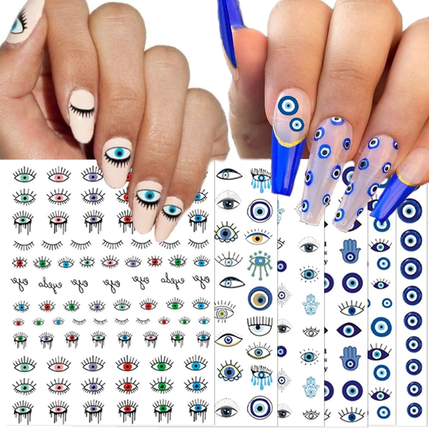 14 Sheets Evil Eye Nail Stickers, 3D Turkish Blue Eye Design Nail Art Decals, Self Adhesive Hamsa Hand of Fatima Manicure Decorations-Velvo Beauty