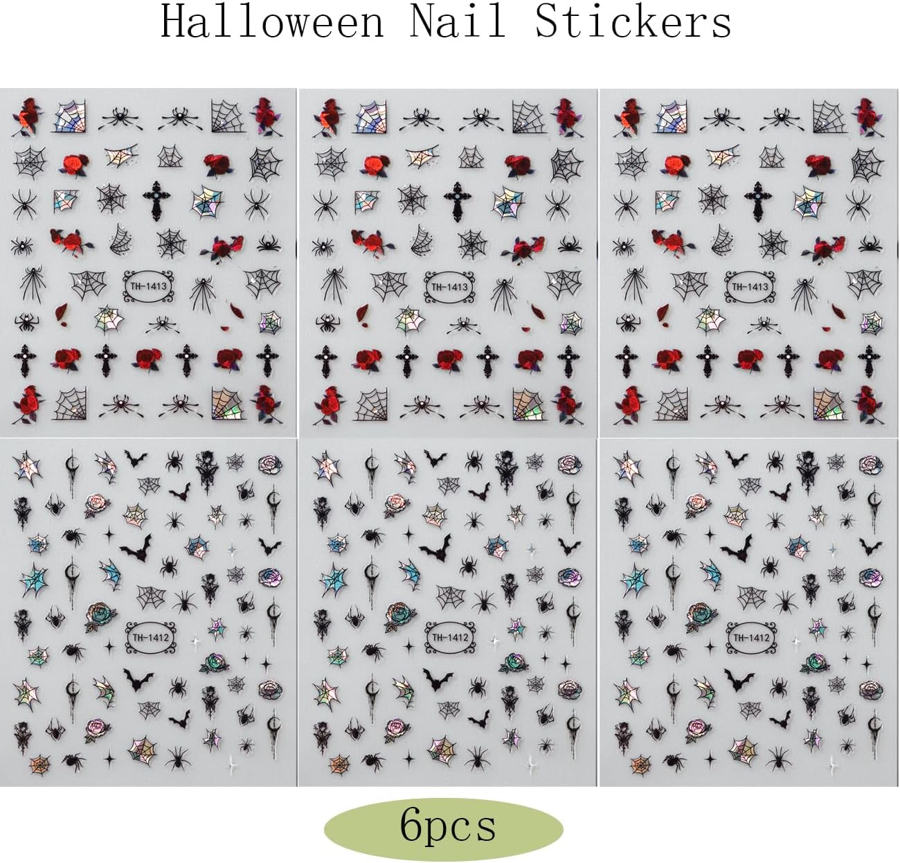 6 Sheets Halloween Nail Stickers Decals, 3D Spider Nail Sticker Decoration Self-Adhesive Colorful Red Rose Flowers Spider Web for Nails Stickers DIY Manicure Art Halloween Decoration-Velvo Beauty