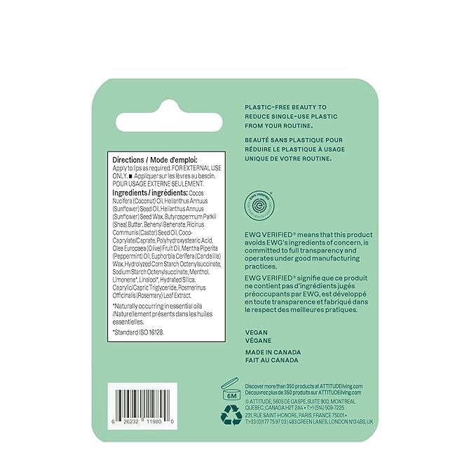 ATTITUDE Lip Balm, Natural Origin, Nourishes & Protects, Shea Butter, Coconut & Olive Oils, EWG Verified, For Dry Lips, Men and Women, Vegan, Fresh Mint, 0.3 Oz-Velvo Beauty