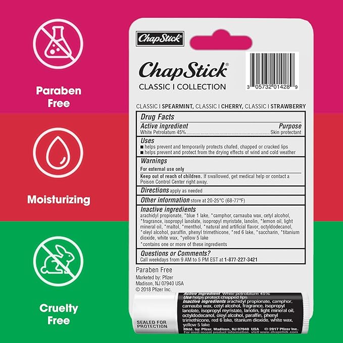 ChapStick Lip Care Bundle – Classic Collection 3-Pack with Spearmint, Cherry & Strawberry ChapStick + Classic Original Lip Balm, 0.15 Oz Ea (5 Piece Set)-Velvo Beauty