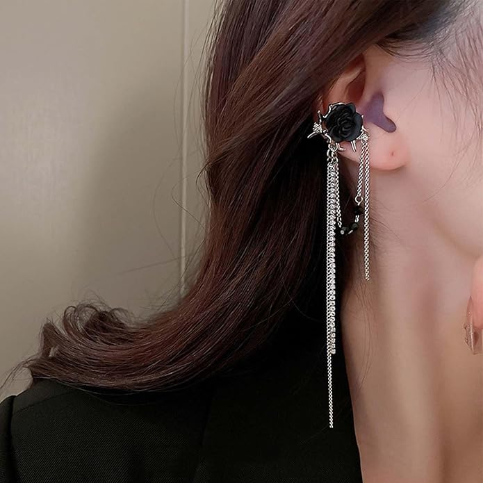 Punk Black Rose Flower Earring Long Rhinestone Chain Drop Earrings Silver Cz Tassel Chain Earrings Black Rose Flower Ear Cuff Earring Jewelry for Women-Velvo Beauty