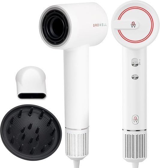 GroWell Ionic Hair Dryer, High-Speed Brushless Motor Professional Blow Dryer for Fast Drying, Low Noise, Lightweight, Compact Hair-Dryer with Diffuser for Curly Hair-Velvo Beauty