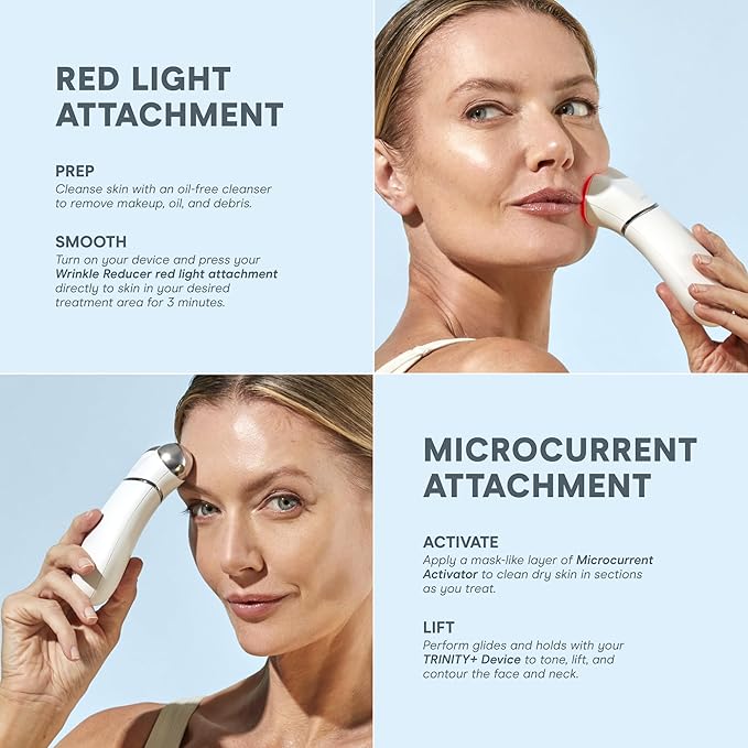 NuFACE TRINITY+ Microcurrent Facial Device + LED Red Light Wrinkle Reducer Attachment - FDA Cleared Skin Tightening Device + Microcurrent Gel Activator & Silk Creme-Velvo Beauty