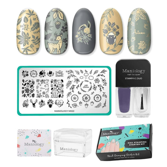 Maniology Friendly Forest Nail Stamping Starter Kit | Autumn Designs with Woodland Creatures, Fall Leaves & Cozy Seasonal DIY Manicures – with Stamping Plate, Polish, Top Coat, Stamper & Scraper Card-Velvo Beauty