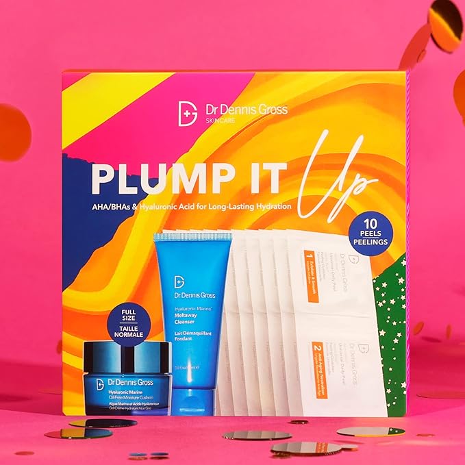 Dr Dennis Gross Plump It Up Kit: 3 Piece Dry Skin Essentials Set: Includes Hyaluronic Marine Moisture Cushion, Universal Daily Peel 10 App, Hyaluronic Marine Meltaway Cleanser-Velvo Beauty