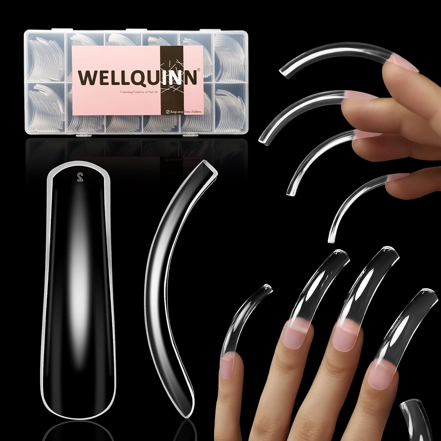 Curved Nail Tips Square Press on Full Cover Thicker Extra Curve Gel x Thick Long Acrylic Fake Nails, Clear Hard Gel French XXL False Nails for Nail Extension 12 Sizes 240 Pcs Q54 Pro-Velvo Beauty