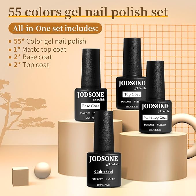 JODSONE 60 PCS Gel Nail Polish Set with 5 Bottles of Base and Glossy Matte Top Coat Soak off Gel Nail Set Suitable for All Seasons Gifts-Velvo Beauty