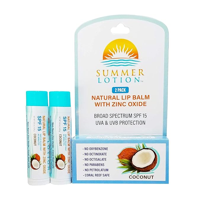 Natural Lip Balm with Zinc Oxide Sunblock by Summer Lotion, SPF 15 Lip Sunscreen 2-Pack, Water Resistant Chapstick, SPF Lip Protection for Everyone, (Coconut)-Velvo Beauty