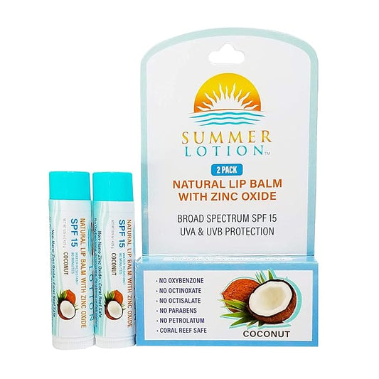 Natural Lip Balm with Zinc Oxide Sunblock by Summer Lotion, SPF 15 Lip Sunscreen 2-Pack, Water Resistant Chapstick, SPF Lip Protection for Everyone, (Coconut)-Velvo Beauty