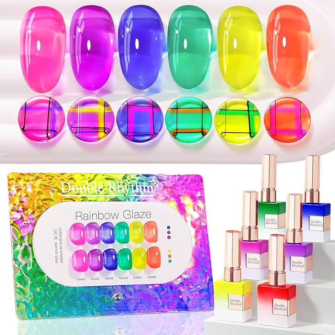 Double Rhythm 6 Pcs 15 ML Gel Polish Set Same Color Same Bottle Soak Off Jelly Neon Gel Polish Kit Nail Art Manicure Salon DIY at Home (Pink Purple Blue Green Yellow Green-T6-50)-Velvo Beauty