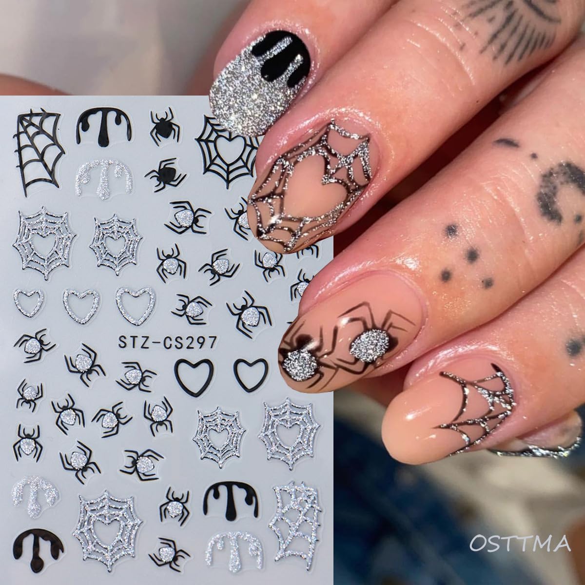 8Sheets Halloween Nail Art Stickers Spider Web Nail Stickers for Nail Art 3D Self-Adhesive Nail Decals Gold Silver Black White Glitter Spiderweb Bat Spiders Nail Design Halloween Manicure Accessories-Velvo Beauty