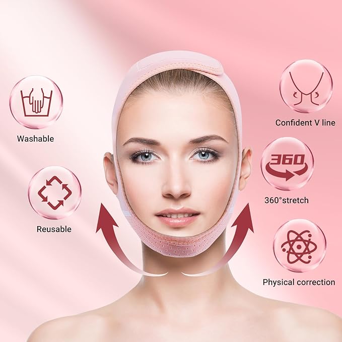 Reusable V Line Lifting Mask with Chin Strap for Sleeping,Face Lift Prevent Sagging, Jaw Exerciser,Pink,M-Velvo Beauty