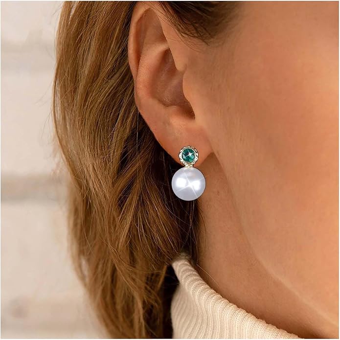 Vintage Emerald Pearl Earrings Gold Pearl Drop Earrings Green Emerald Studs Earrings Rhinestone Pearl Emerald Earrings Jewelry for Women-Velvo Beauty