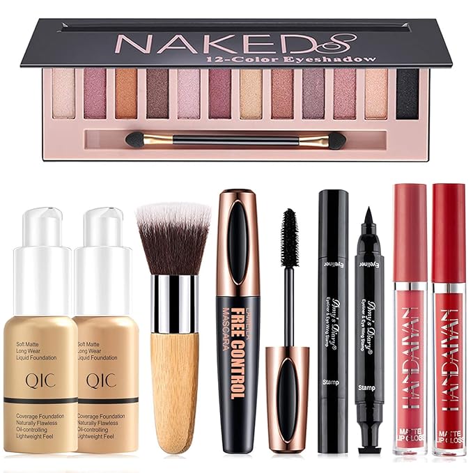 All in One Makeup Kit for Women Full Kit, Includes 12 Colors Naked Eyeshadow Palette, Foundation X 2, Eyeliner & Mascara, 2Pcs Lipstick and Makeup Brush, Gift Set for Women, Girls & Teens Makeup Set-Velvo Beauty