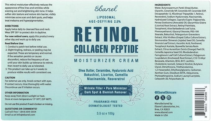 Ebanel Retinol Cream for Face 3.5 oz, Moisturizer with Collagen, Peptides, Ceramides, Hyaluronic Acid, Vitamin C & B5, Firming Anti Aging Face Cream for Wrinkles, Fine Lines, Dark Spots, Day & Night-Velvo Beauty