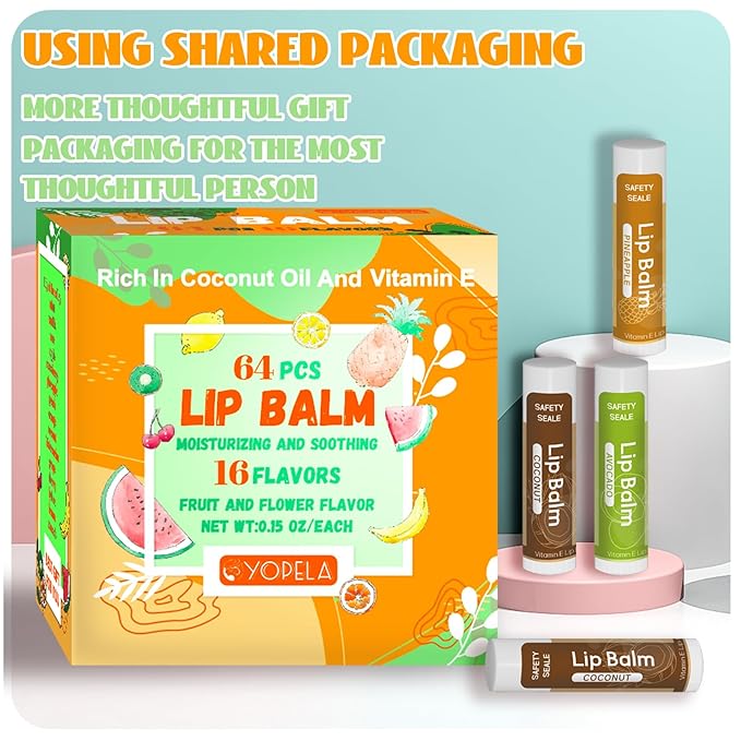 64 Pack Natural Lip Balm Bulk with Vitamin E and Coconut Oil Valentine's Day best choice - Moisturizing, Soothing, and Repairing Dry and Chapped Lips - 16 Flavors - Non-GMO-Velvo Beauty