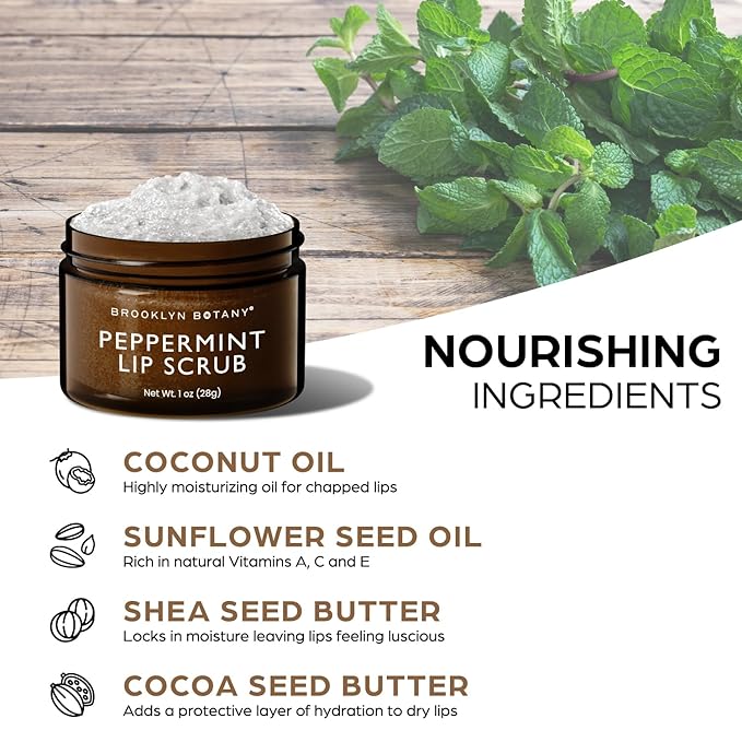 Brooklyn Botany Lip Scrub Exfoliator 1 oz – Lip Moisturizer for Dry Lips and Chapped Lips – Gentle Lip Exfoliator for Smooth and Brighter Lips – Peppermint Flavor-Velvo Beauty