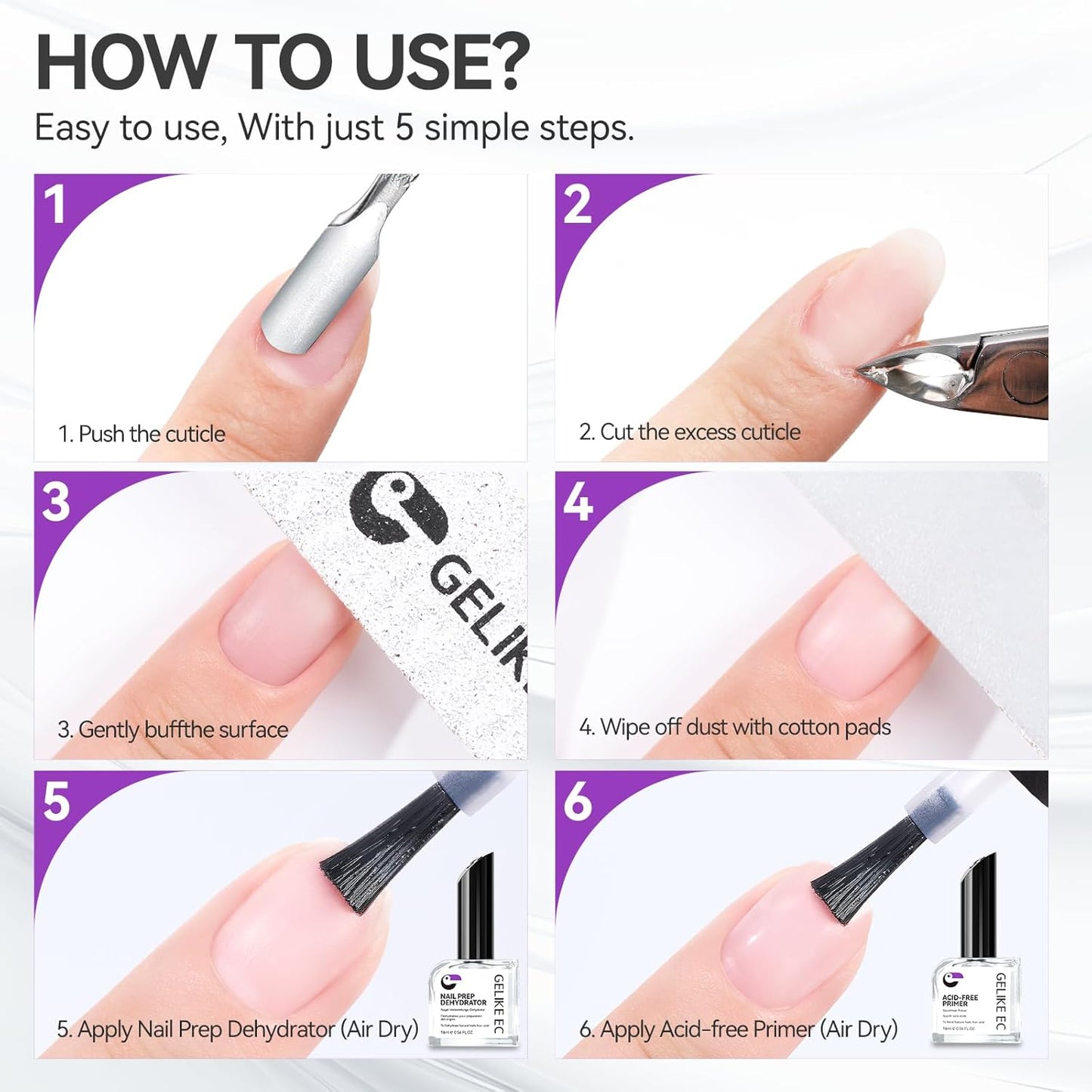 Nail Repair Prep Dehydrator and Primer Kit - Gelike EC Acid-Free Fast Air Dry for Bond Acrylic Gel Tips - Safe Healthy Foundation for Weak Thin Nails - Long Lasting for Professional Salon Manicure-Velvo Beauty