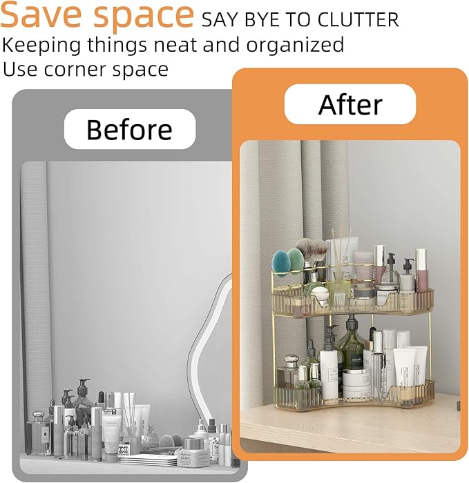 Corner Bathroom Counter Organizer with Top Toothbrush Holders, 2-Tier Make Up Organizers for Vanity with Brush Holder, Corner Storage for Bathroom, Kitchen, Dresser-Velvo Beauty