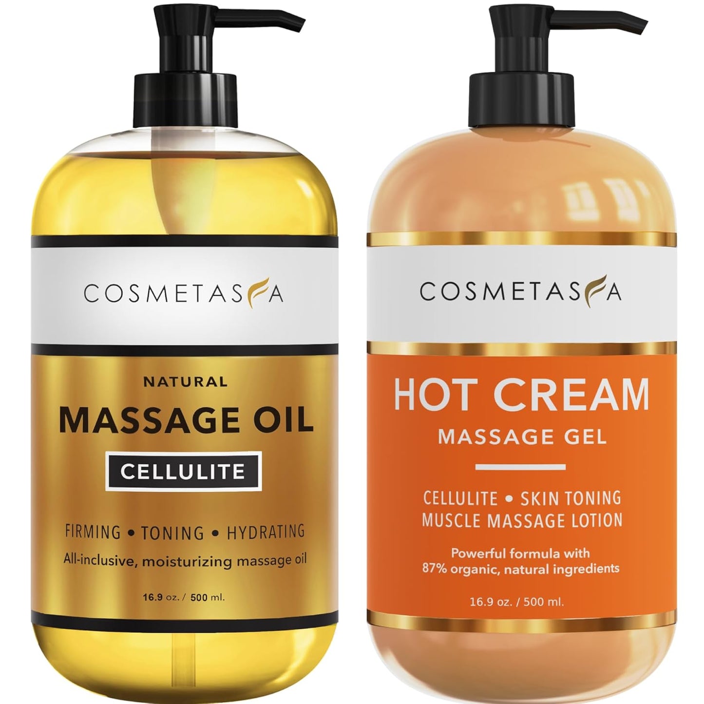 Cellulite Massage Oil & Hot Cream - 100% Natural Cellulite Oil & Gel, Highly Absorbable, Firm, Tone, Tighten & Moisturize Skin - Soothes Muscles (16.9 Fl Oz Each Bottle)-Velvo Beauty