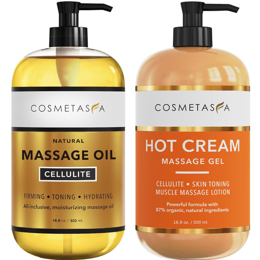 Cellulite Massage Oil & Hot Cream - 100% Natural Cellulite Oil & Gel, Highly Absorbable, Firm, Tone, Tighten & Moisturize Skin - Soothes Muscles (16.9 Fl Oz Each Bottle)-Velvo Beauty