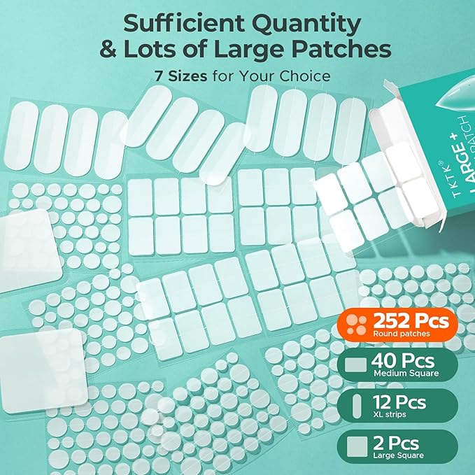 Large Acne Patches for Face, 7 Sizes Big Pimple Patches, XL Hydrocolloid Bandages for Body, Chin, Forehead, Nose, Back Blemish Zit Breakouts, Hydrocolloid Patch (Square, Strip, Dot 306 Count)-Velvo Beauty