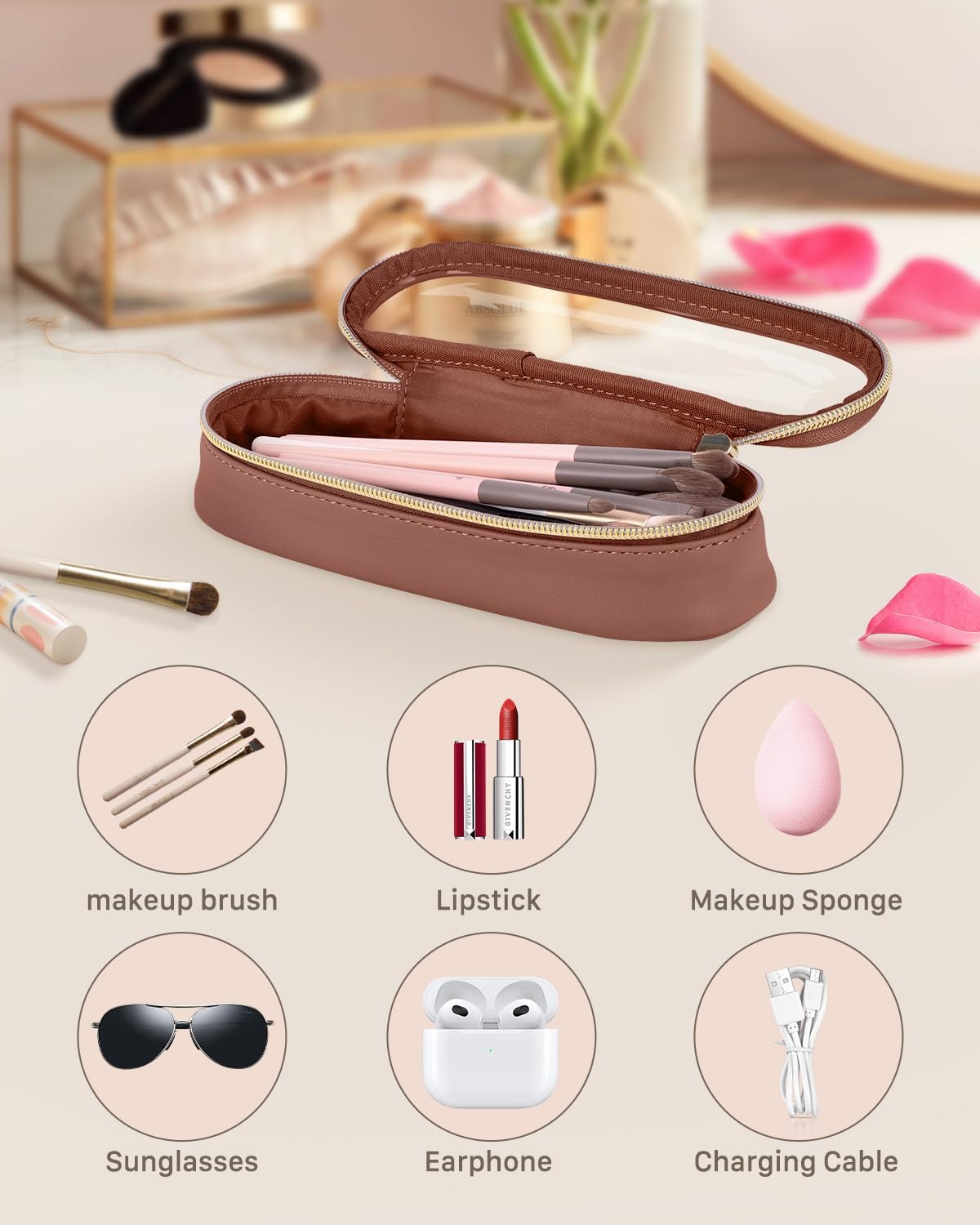 Clear Travel Makeup Brush Holder, Leather Makeup Brush Toiletry Bag, Portable Cosmetic Brush Case, Transparent Waterproof Makeup Brush Storage Bag, Brown-Velvo Beauty