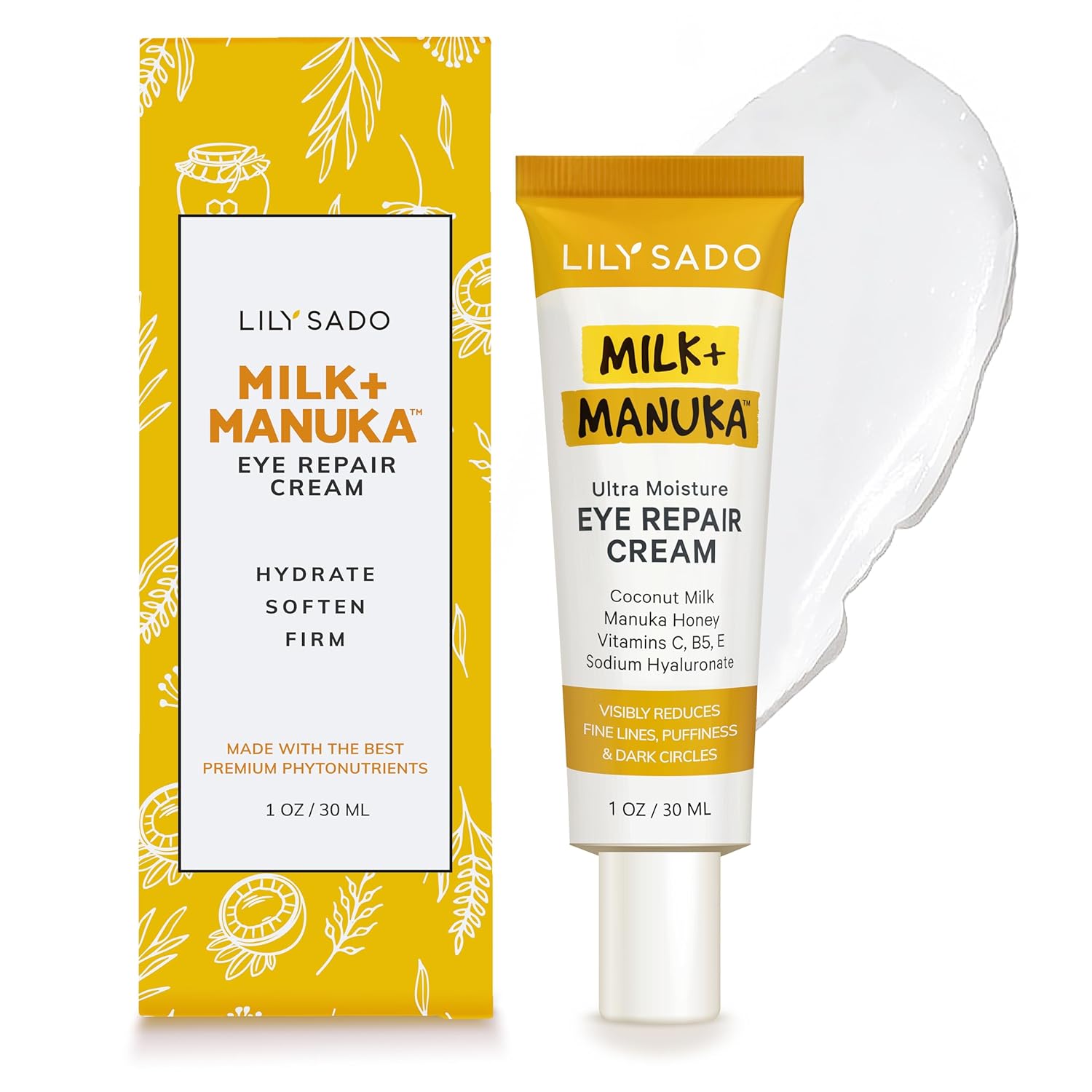 LILY SADO MILK+MANUKA™ Eye Repair Cream - Anti-Aging Natural Gentle Formula w/Coconut Milk, Manuka Honey, Sodium Hyaluronate & VITS C, B5 & E - Prevents Puffiness, Under-eye Wrinkles & Eye Bags - 1oz-Velvo Beauty