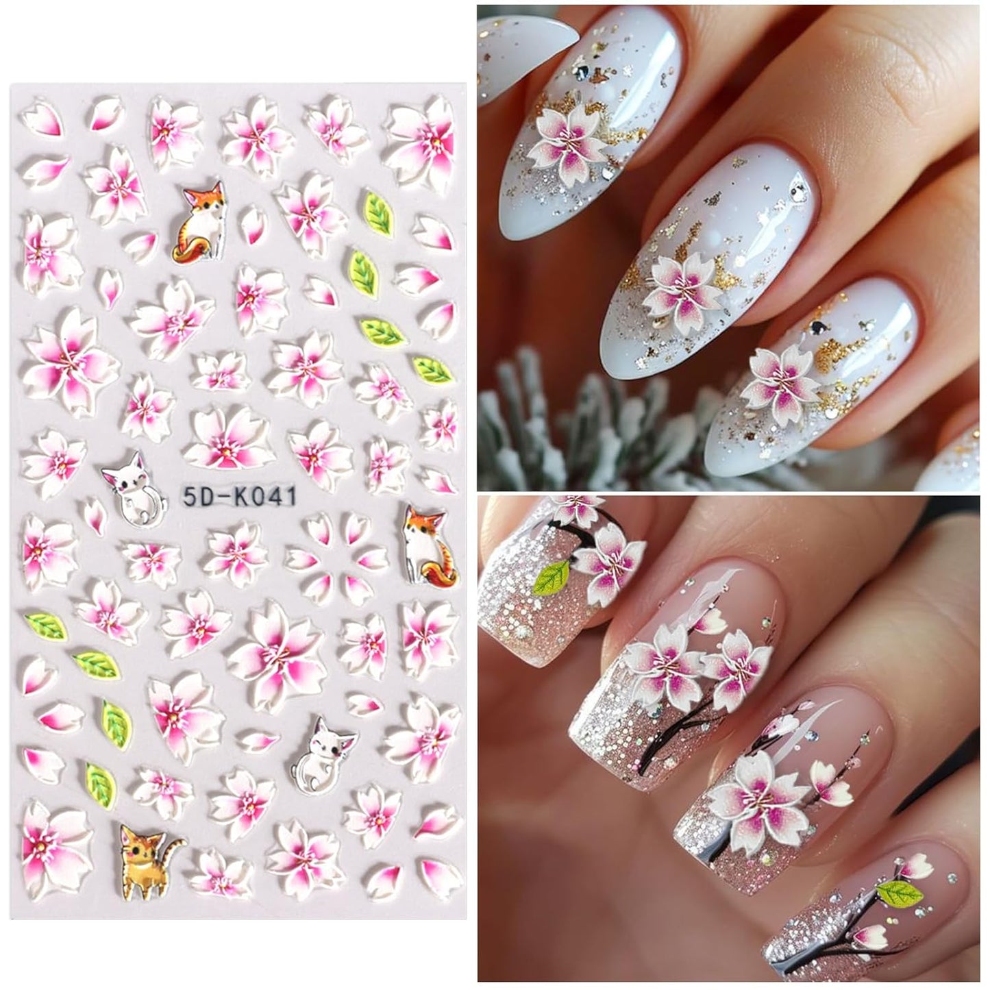 Pink Flower Nail Art Stickers Decals 5D Embossed Nail Decals Spring Summer Nails Art Design Self-Adhesive Supplies Accessories 3D Flower Stickers for Women Nails DIY Decoration-Velvo Beauty