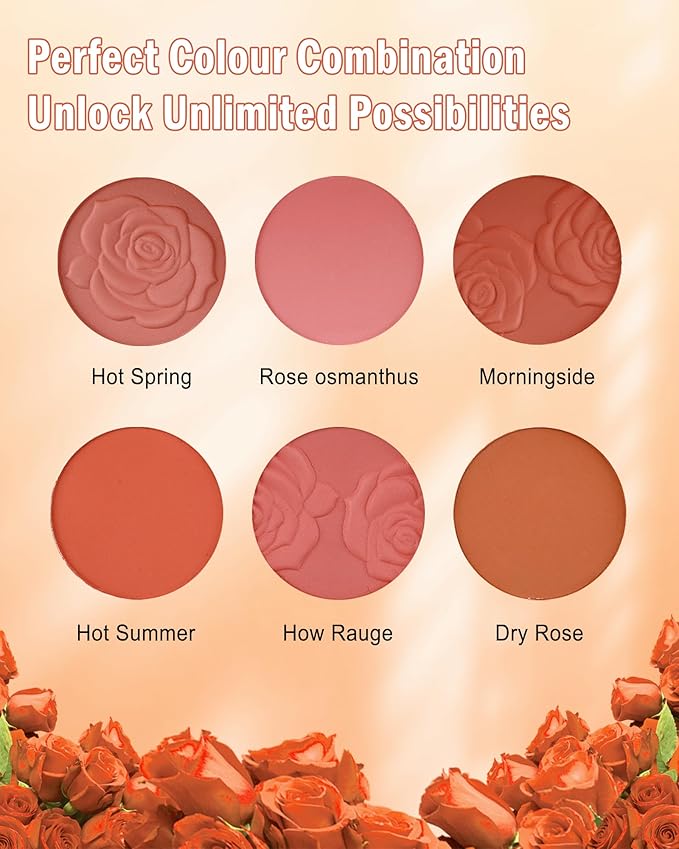 Matte Rose Face Blush Palette Kit with Brush-6 Color High Pigment Silky Mineral Blendable Blusher Contour Powder for Cheeks,Longlasting Eyeshadow Facial Beauty Cosmetic Makeup Gift for Women-Set 02-Velvo Beauty