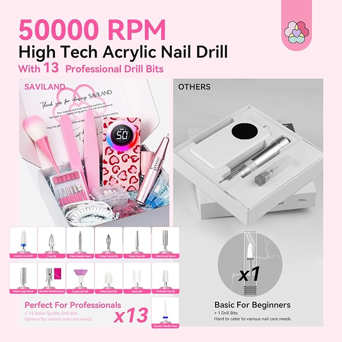 SAVILAND Electric Nail Drill Professional: 50000 RPM Electric Nail File Rechargeable Cordless Nail Drill Kit with Ceramic Drill Bits for Quick Acrylic Nail Removal Ambient Light Leopard Heart Print-Velvo Beauty