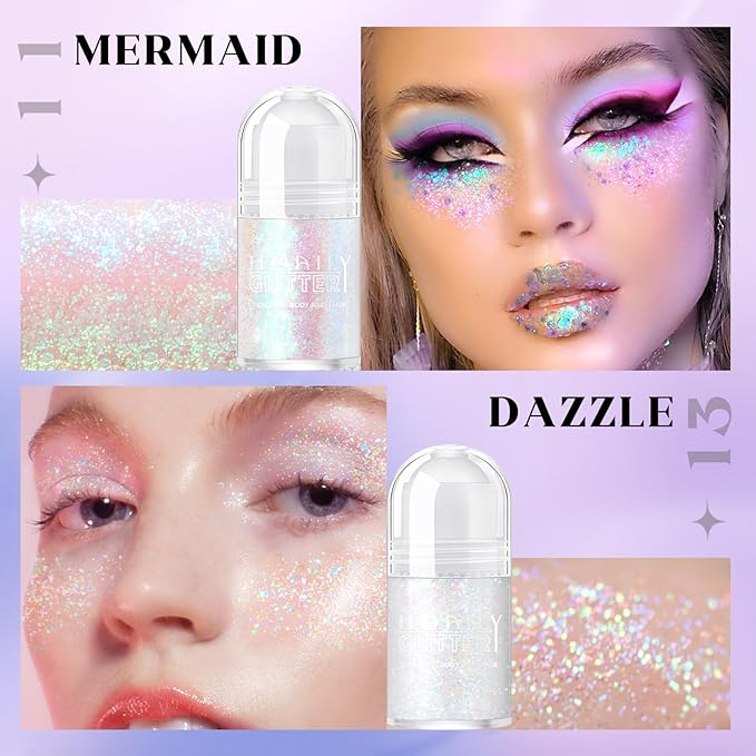 2 Colors Roll-on Body Glitter Gel, Holographic Glitter Gel Under Light for Face Hair, Body Shimmer for Rave Accessories Christmas New Year Halloween Makeup (11+13)-Velvo Beauty