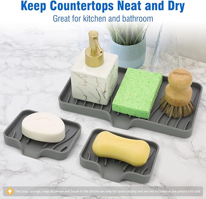 3-Pack Silicone Soap Dish, Sponge Holder for Sink, Kitchen Soap Tray, Bathroom Soap Holder, Sponge Tray with Drain (Grey)-Velvo Beauty