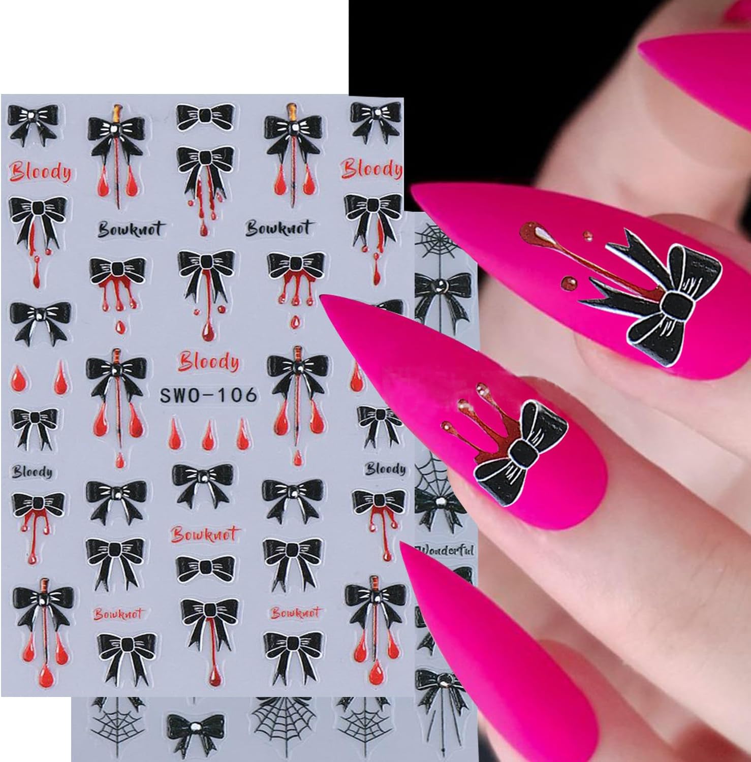 6 Sheets Halloween Nail Art Stickers 3D Self -Adhesive Black Bow Spider Web Nail Decals Holographic Bat Blood Drops Nail Stickers Halloween Nail Decoration for Women Manicure Supplies-Velvo Beauty