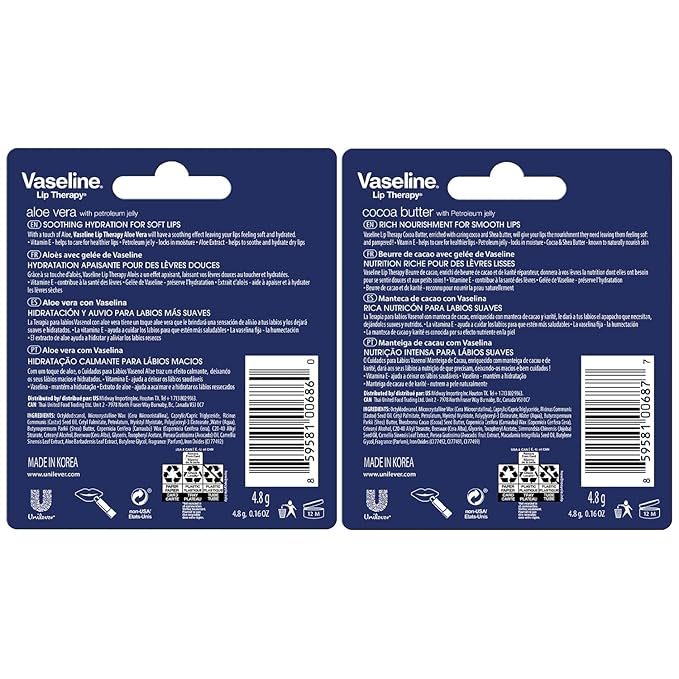 Vaseline Lip Therapy Variety 4-Pack – Cocoa Butter + Aloe Vera Moisturizing Lip Balm with Vitamin E, 0.16 Oz Ea-Velvo Beauty