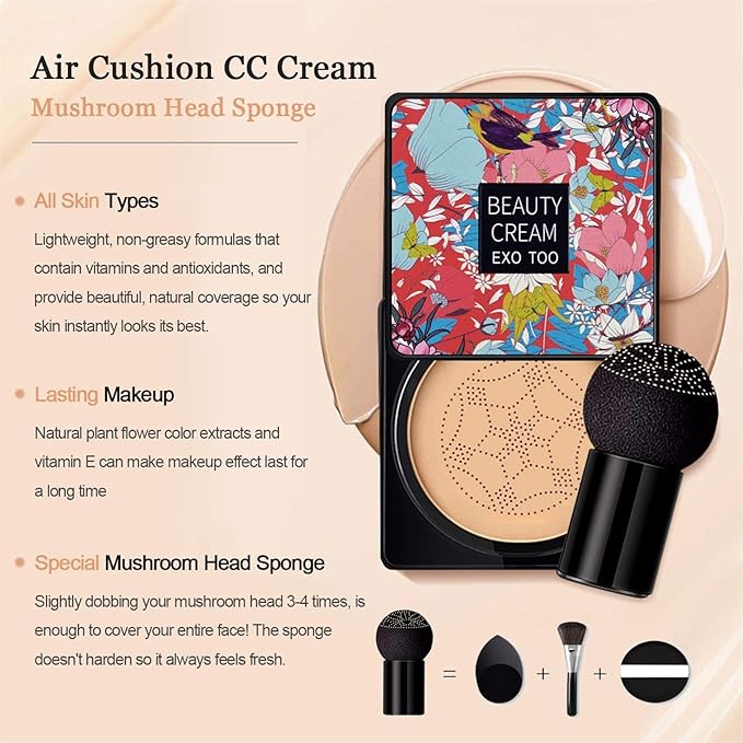 2PCS Mushroom Head Air Cushion CC Cream Foundation, Beauty Cream Exo Too BB Cream, Moisturizing, Long Lasting, Matte Concealer, Light Weight, WaterProof Liquid Foundation with 2PCS Mushroom Head-Velvo Beauty