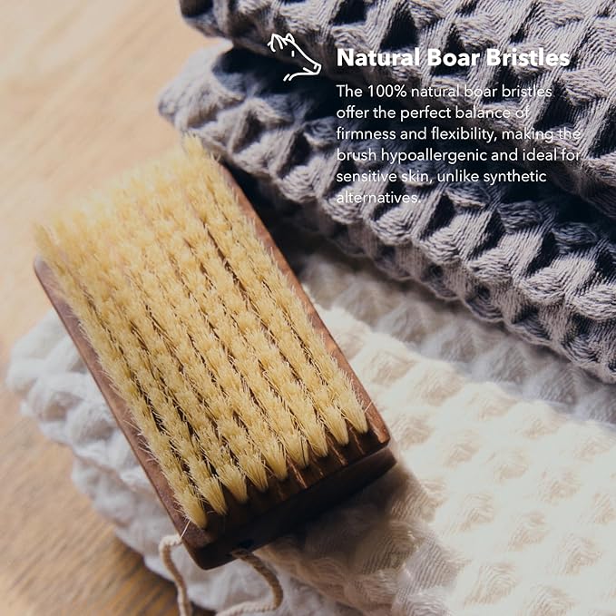 Luxury Natural Walnut Wood Boar Bristle Body Brush | Exfoliating & Detoxifying for All Skin Type | Sweeps Away Dead Skin Cells for Luminous, Smooth Skin | for Wet and Dry Use (Handheld)-Velvo Beauty