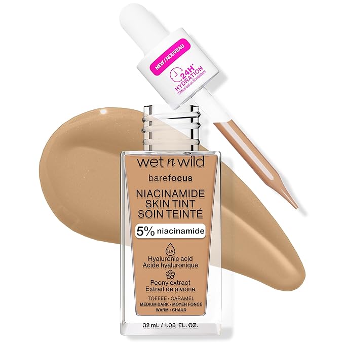 wet n wild Bare Focus Skin Tint, 5% Niacinamide Enriched, Buildable Sheer Lightweight Coverage, Natural Radiant Finish, Hyaluronic & Vitamin Hydration Boost, Cruelty-Free & Vegan - Toffee-Velvo Beauty