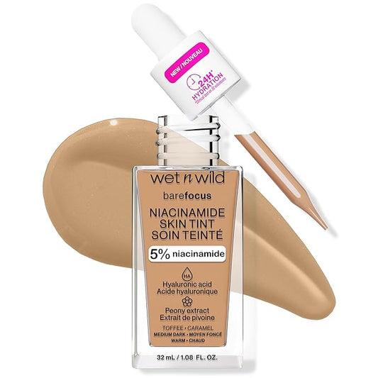 wet n wild Bare Focus Skin Tint, 5% Niacinamide Enriched, Buildable Sheer Lightweight Coverage, Natural Radiant Finish, Hyaluronic & Vitamin Hydration Boost, Cruelty-Free & Vegan - Toffee-Velvo Beauty