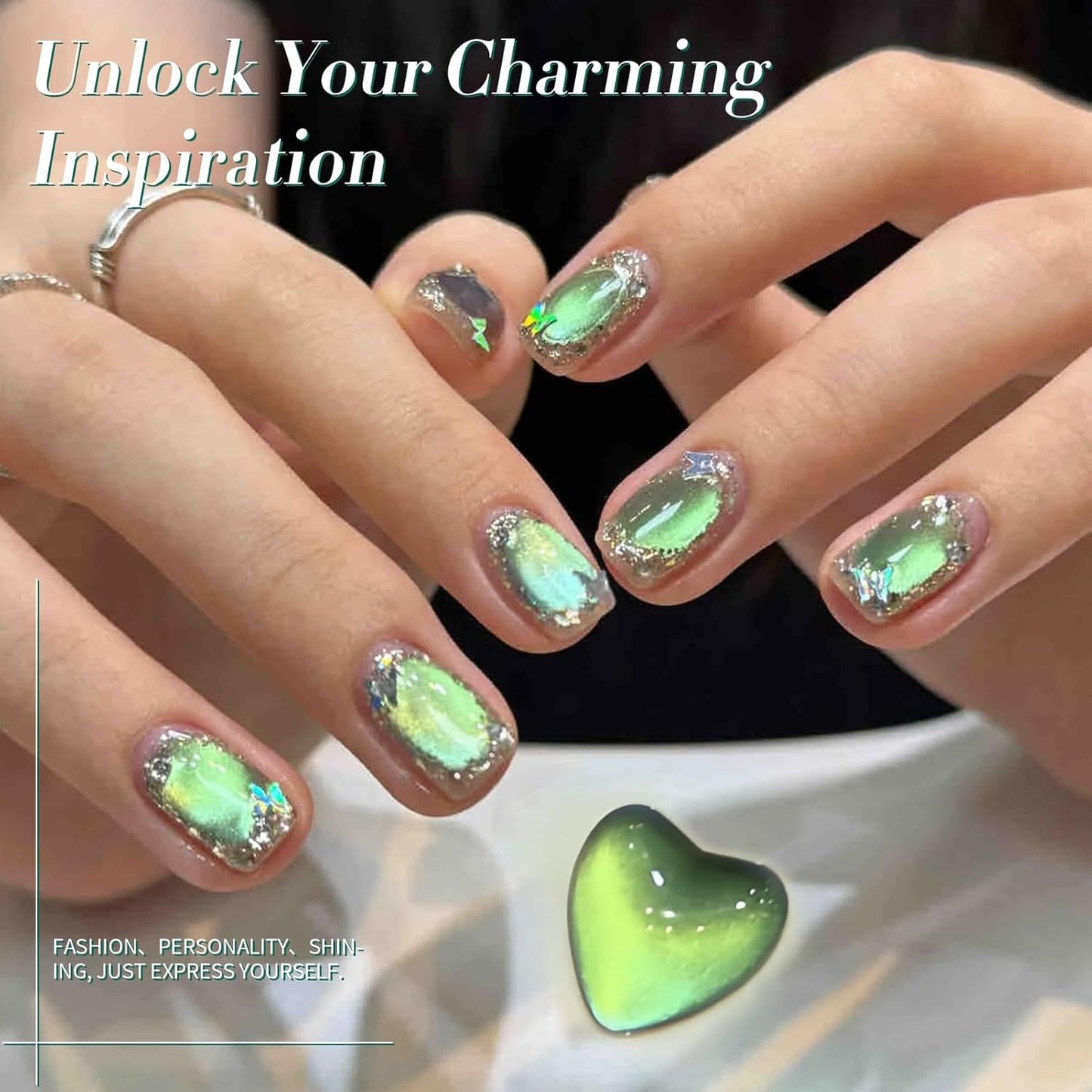 Born Pretty Cat Magnetic Gel Nail Polish, Green Gel Polish Crystal Cat Holographic Magnetic Nail Polish Nail Art Manicure Salon DIY at Home 15ML-Velvo Beauty