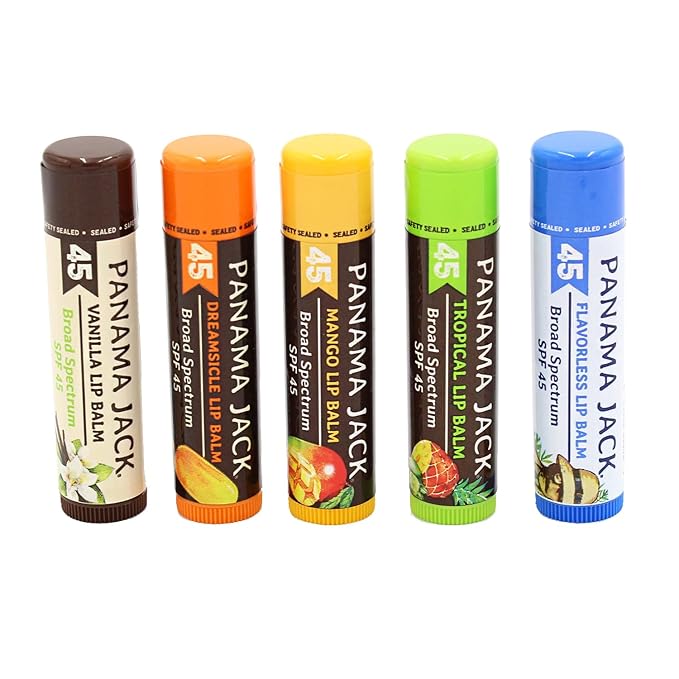 Panama Jack Sunscreen Lip Balm - SPF 45, Flavor Pack, Broad Spectrum UVA-UVB Sunscreen Protection, Prevents & Soothes Dry, Chapped Lips (5 Pack)-Velvo Beauty